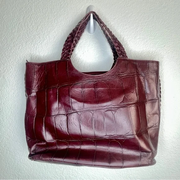 Authentic FALOR Handbag Made in Italy Braided Handle Crocodile Embossed Leather